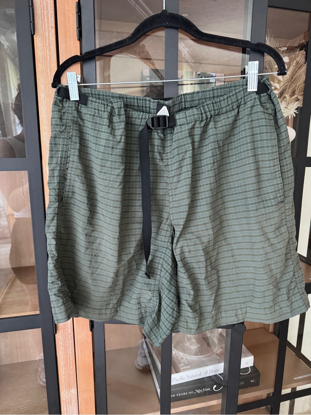 Vintage 1990s Patagonia river shorts gi techno plaid olive retro hiking belt